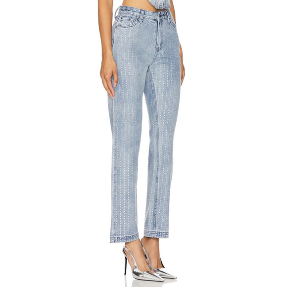 superdown Denim - superdown Light Wash Crystal Embellished Straight Leg Jeans XXS